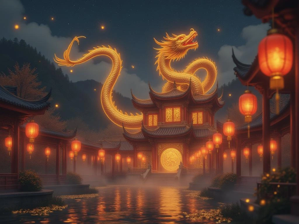 Golden dragon flying above Chinese temple with glowing lanterns and coins, representing the Fortune Dragon slot theme